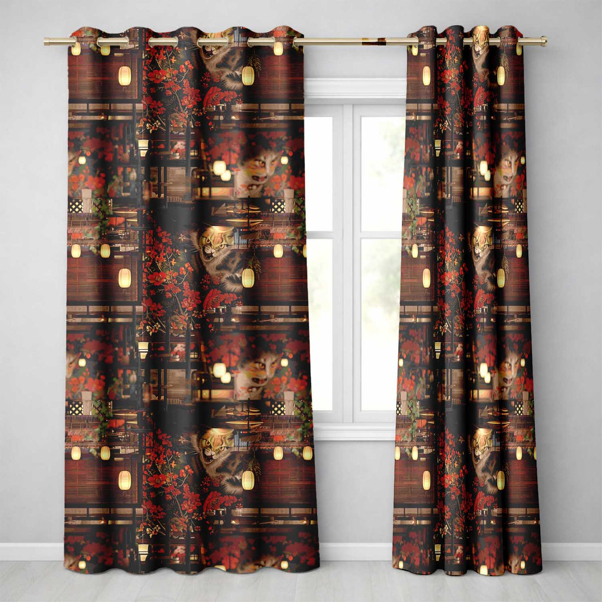 Artistic Cat with Red Flowers in Japanese Style Interior   Decorative Textile  Readymade Eyelet Ring Top Thermal 100% Blackout Curtains