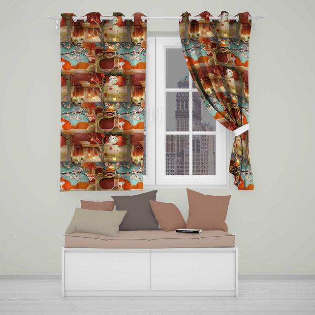 Cute Cartoon Cats with Cherry Blossoms and Lantern Decor Playful Japanese Theme  Readymade Eyelet Ring Top Thermal 100% Blackout Curtains