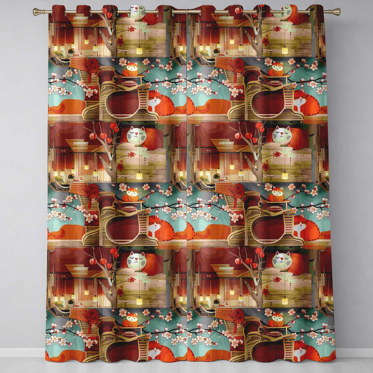 Cute Cartoon Cats with Cherry Blossoms and Lantern Decor Playful Japanese Theme  Readymade Eyelet Ring Top Thermal 100% Blackout Curtains