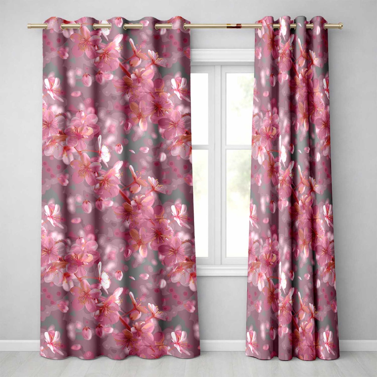 Soft Pink Cherry Blossom Petals Floating in Air  Pattern Romantic Floral Design  Readymade Eyelet Ring Top Thermal 100% Blackout Curtains
