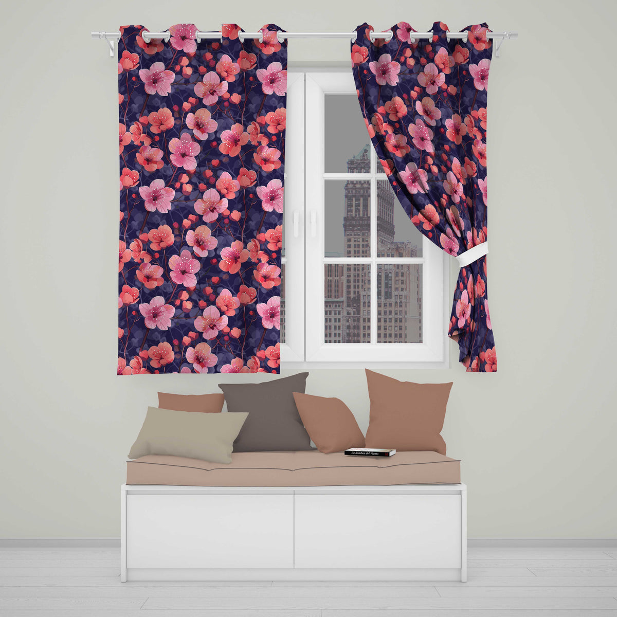 Stylized Cherry Blossom Flowers with Heart Buds  Pattern Modern Romantic Floral  Readymade Eyelet Ring Top Thermal 100% Blackout Curtains
