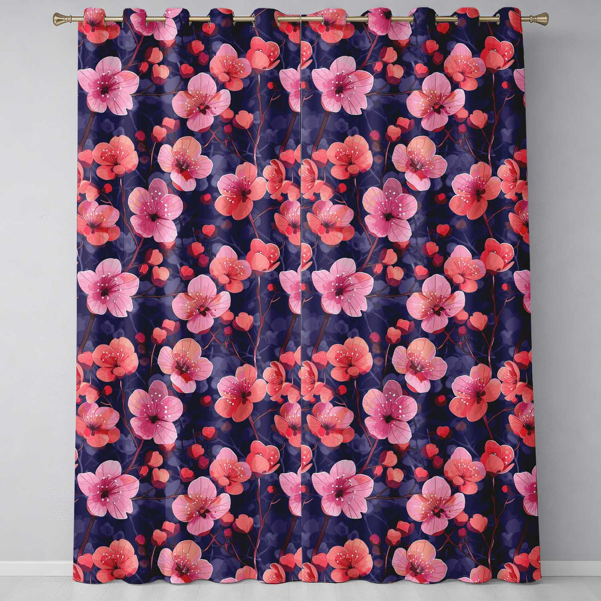 Stylized Cherry Blossom Flowers with Heart Buds  Pattern Modern Romantic Floral  Readymade Eyelet Ring Top Thermal 100% Blackout Curtains