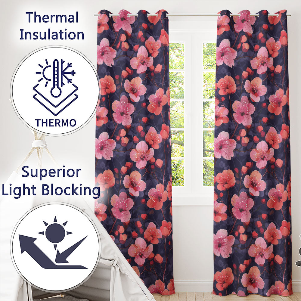 Stylized Cherry Blossom Flowers with Heart Buds  Pattern Modern Romantic Floral  Readymade Eyelet Ring Top Thermal 100% Blackout Curtains