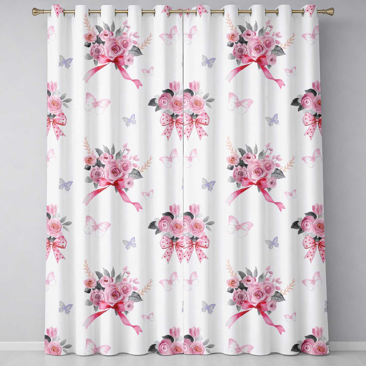Cute Watercolor Roses Bouquet with Red Ribbon White Background  Readymade Eyelet Ring Top Thermal 100% Blackout Curtains