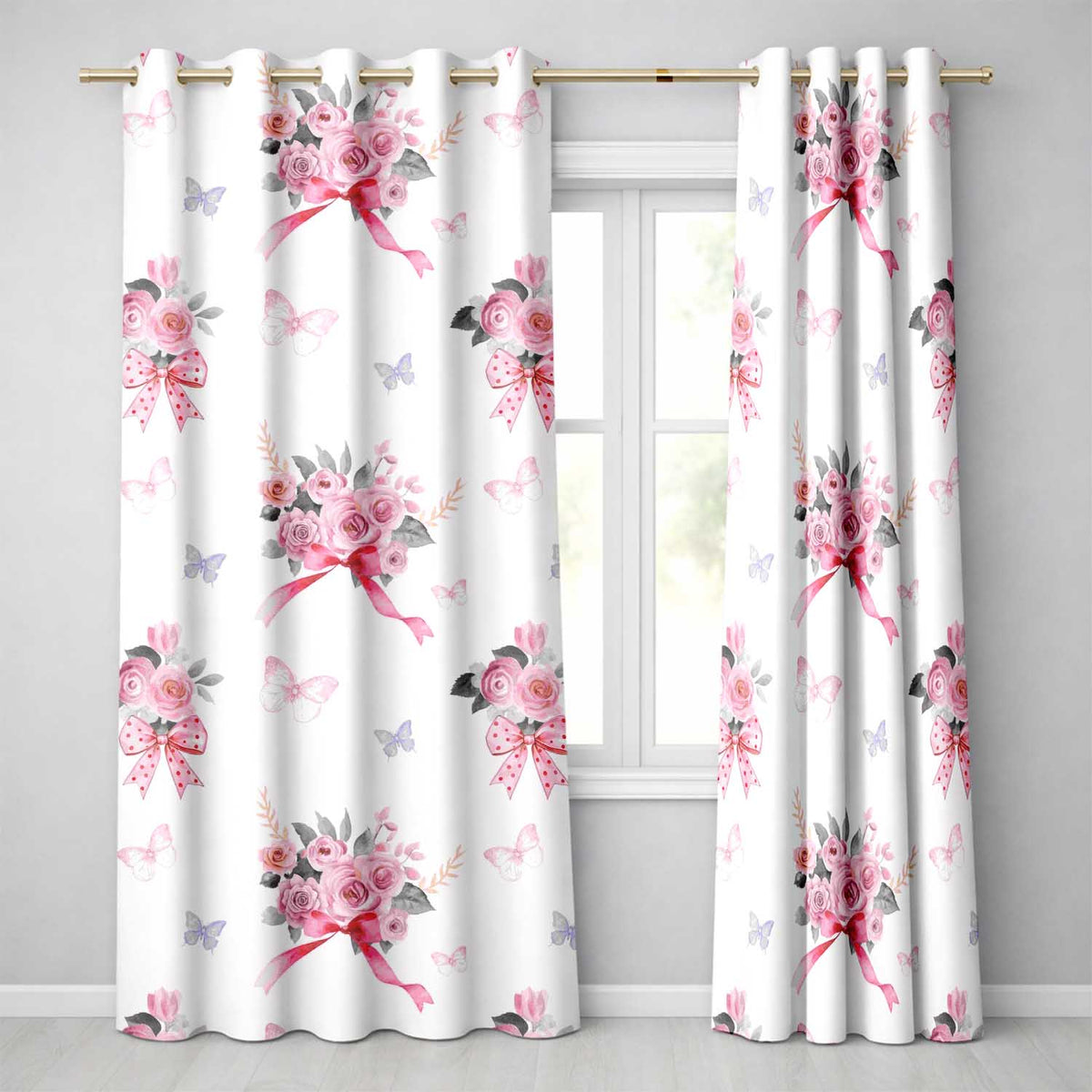 Cute Watercolor Roses Bouquet with Red Ribbon White Background  Readymade Eyelet Ring Top Thermal 100% Blackout Curtains