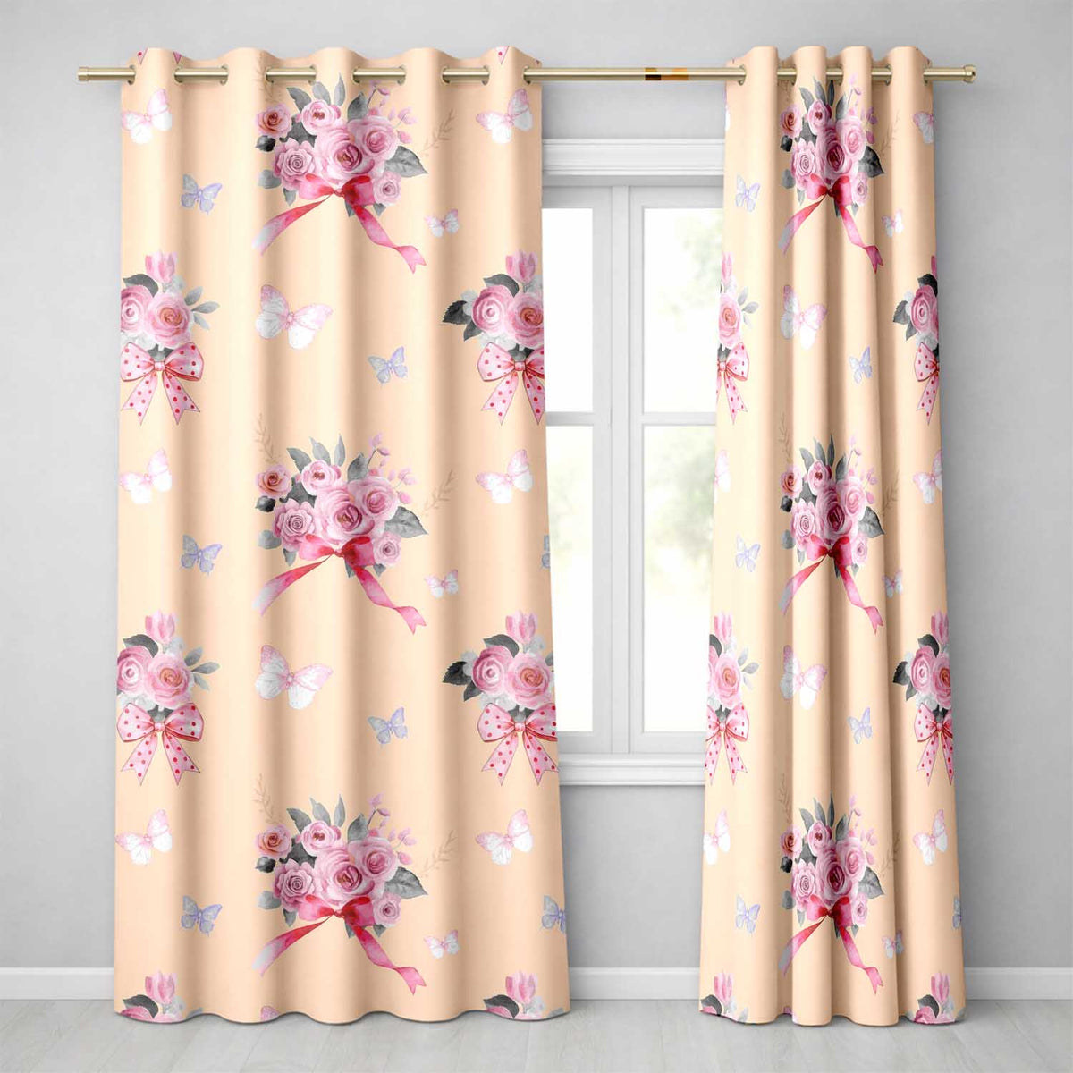 Cute Watercolor Roses Bouquet with Red Ribbon Peach Background  Readymade Eyelet Ring Top Thermal 100% Blackout Curtains