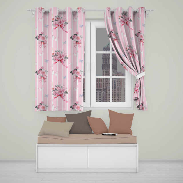Cute Watercolor Roses Bouquet with Red Ribbon    White Stripe on Pink Background  Readymade Eyelet Ring Top Thermal 100% Blackout Curtains