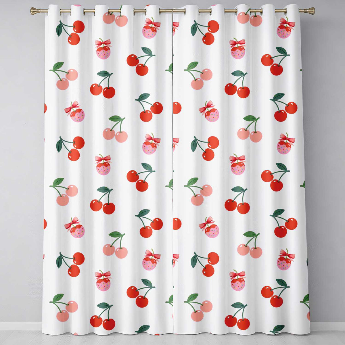 Cute Cherry Fruit with Bow and Sprinkles Seamless Pattern White Background  Readymade Eyelet Ring Top Thermal 100% Blackout Curtains