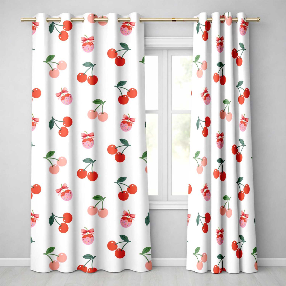 Cute Cherry Fruit with Bow and Sprinkles Seamless Pattern White Background  Readymade Eyelet Ring Top Thermal 100% Blackout Curtains