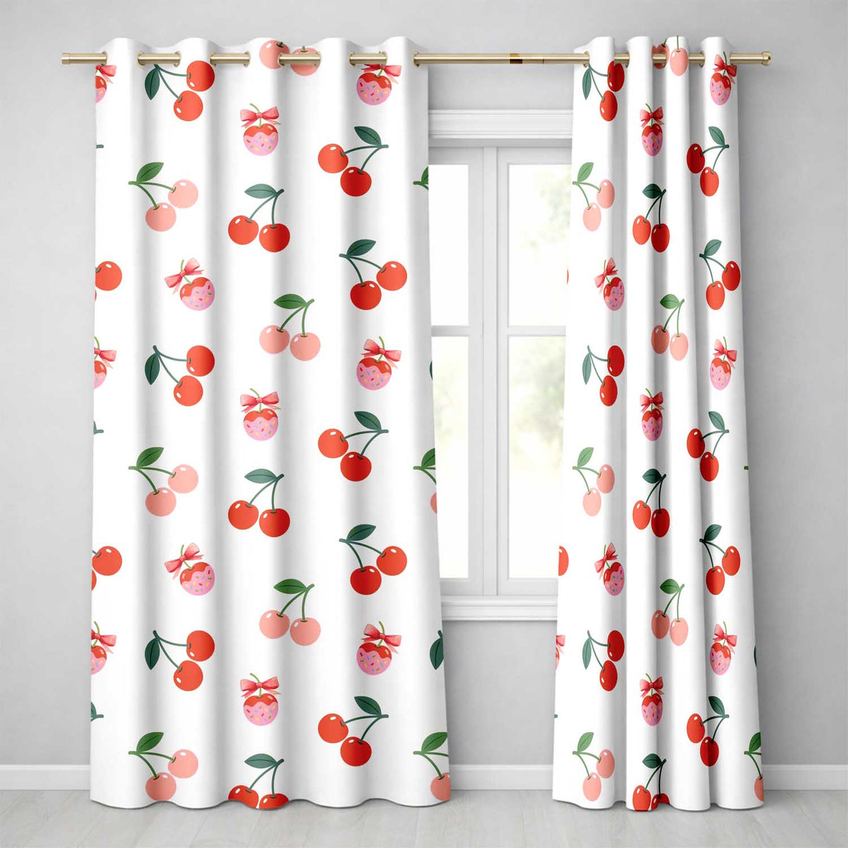 Cute Cherry Fruit with Bow and Sprinkles Seamless Pattern Soft Beige Background  Readymade Eyelet Ring Top Thermal 100% Blackout Curtains