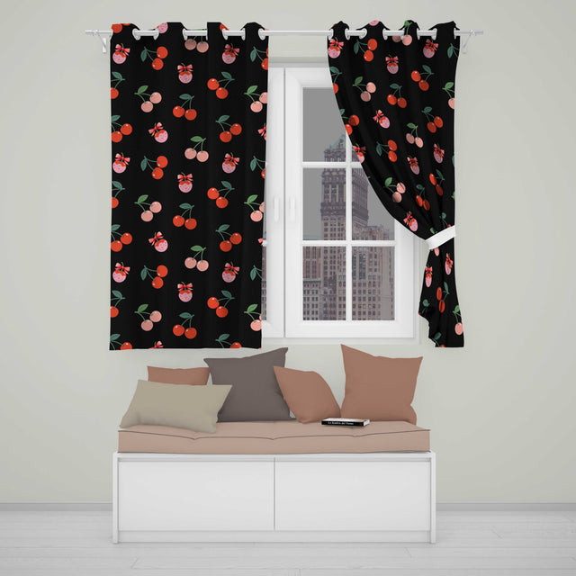 Cute Cherry Fruit with Bow and Sprinkles Seamless Pattern Black Background  Readymade Eyelet Ring Top Thermal 100% Blackout Curtains