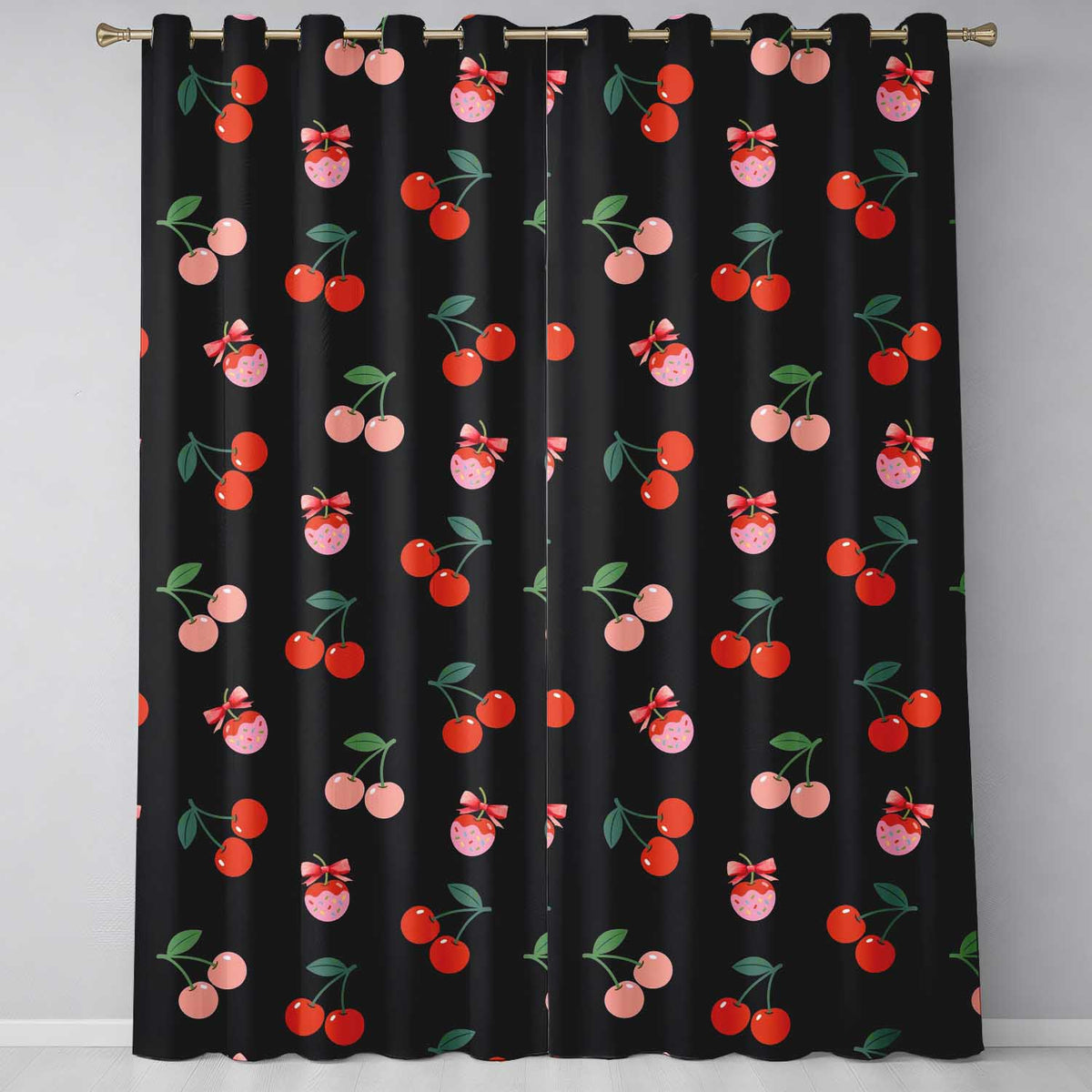 Cute Cherry Fruit with Bow and Sprinkles Seamless Pattern Black Background  Readymade Eyelet Ring Top Thermal 100% Blackout Curtains