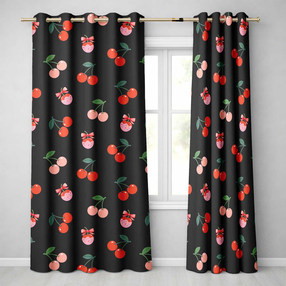 Cute Cherry Fruit with Bow and Sprinkles Seamless Pattern Black Background  Readymade Eyelet Ring Top Thermal 100% Blackout Curtains