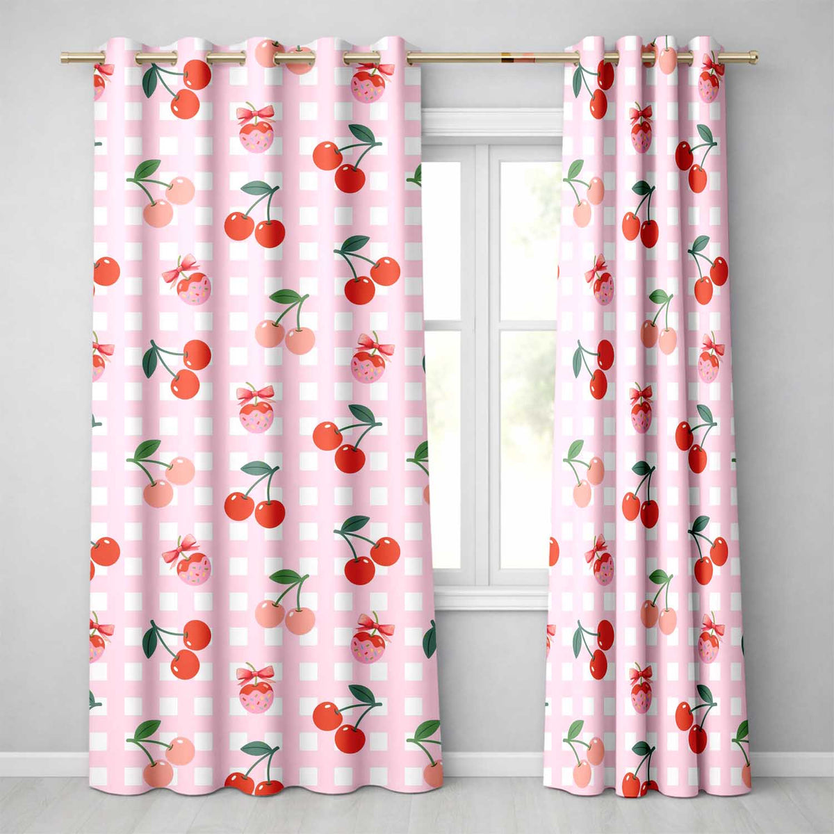 Cute Cherry Fruit with Bow and Sprinkles  Pattern Pink Gingham Check Background  Readymade Eyelet Ring Top Thermal 100% Blackout Curtains