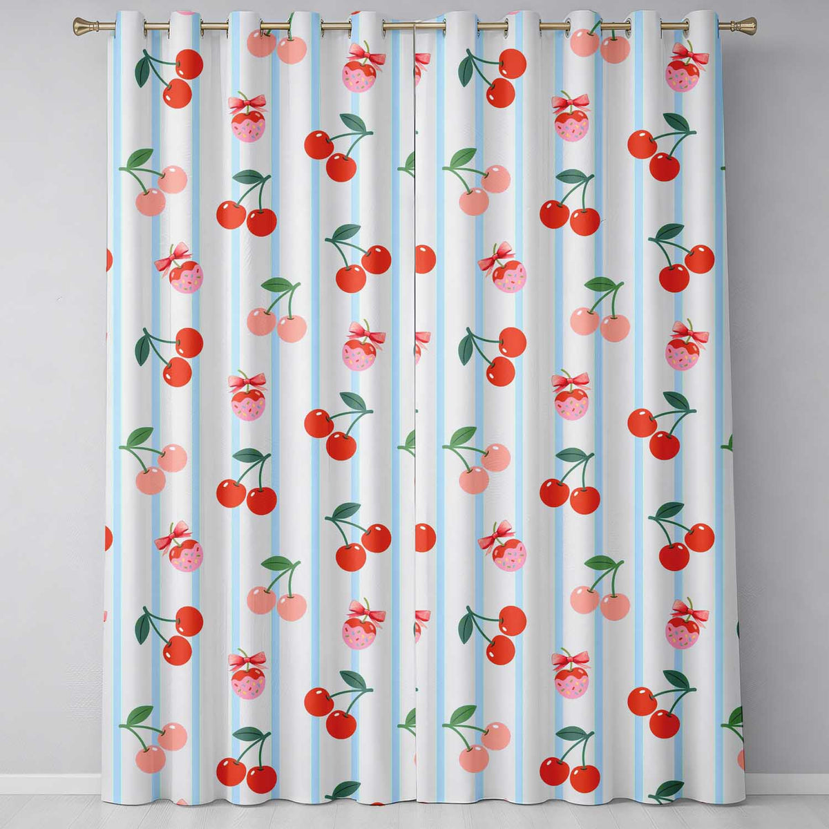 Cute Cherry Fruit with Bow and Sprinkles  Pattern Blue Stripe Background  Readymade Eyelet Ring Top Thermal 100% Blackout Curtains