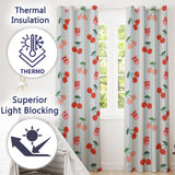 Cute Cherry Fruit with Bow and Sprinkles  Pattern Blue Stripe Background  Readymade Eyelet Ring Top Thermal 100% Blackout Curtains