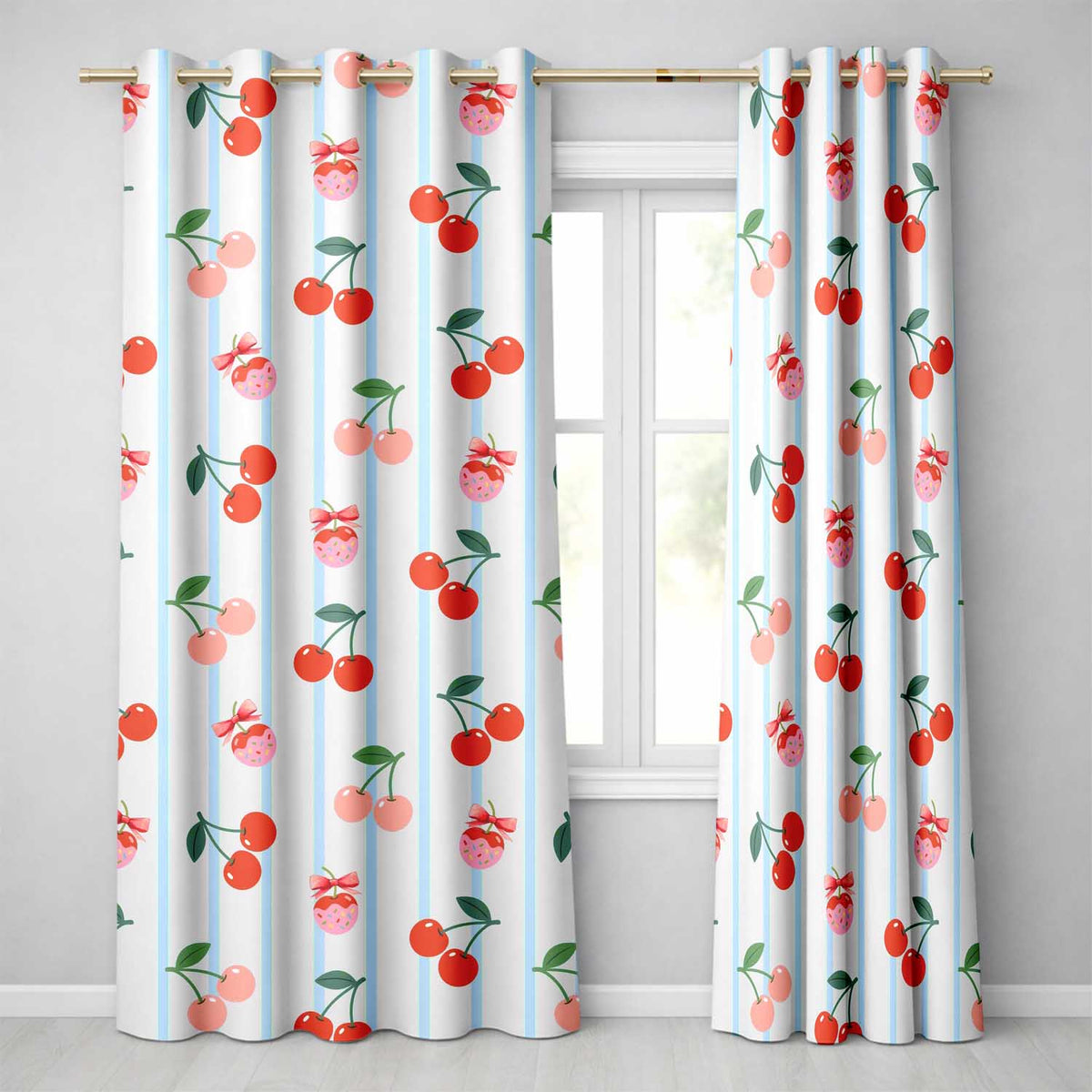 Cute Cherry Fruit with Bow and Sprinkles  Pattern Blue Stripe Background  Readymade Eyelet Ring Top Thermal 100% Blackout Curtains