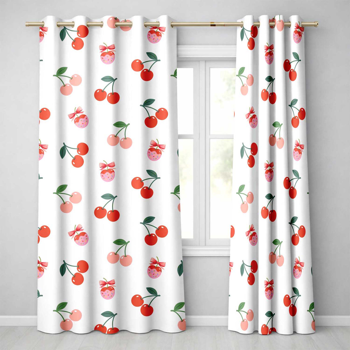 Cute Cherry Fruit with Bow and Sprinkles Seamless Pattern Light Grey Background  Readymade Eyelet Ring Top Thermal 100% Blackout Curtains