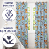 Cute Jungle Baby Animals Lion Tiger Elephant Giraffe  Pattern Blue Background  Readymade Eyelet Ring Top Thermal 100% Blackout Curtains
