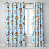 Cute Jungle Baby Animals Lion Tiger Elephant Giraffe  Pattern Blue Background  Readymade Eyelet Ring Top Thermal 100% Blackout Curtains