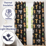 Cute Jungle Baby Animals Lion Tiger Elephant Giraffe  Pattern Black Background  Readymade Eyelet Ring Top Thermal 100% Blackout Curtains