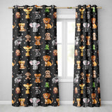 Cute Jungle Baby Animals Lion Tiger Elephant Giraffe  Pattern Black Background  Readymade Eyelet Ring Top Thermal 100% Blackout Curtains