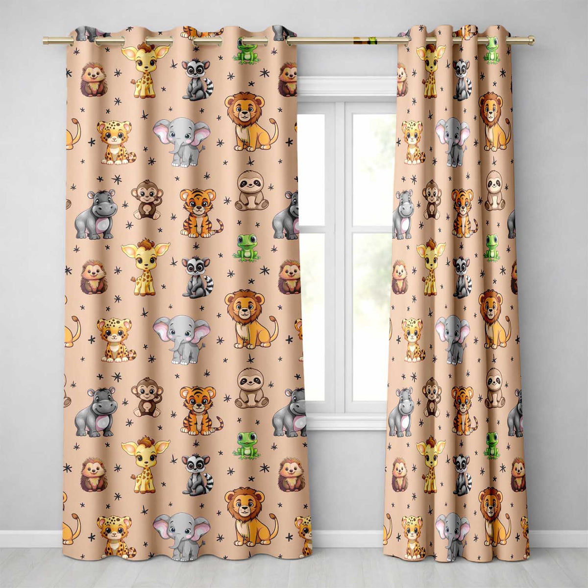 Cute Jungle Baby Animals Lion Tiger Elephant Giraffe  Pattern Peach Background  Readymade Eyelet Ring Top Thermal 100% Blackout Curtains