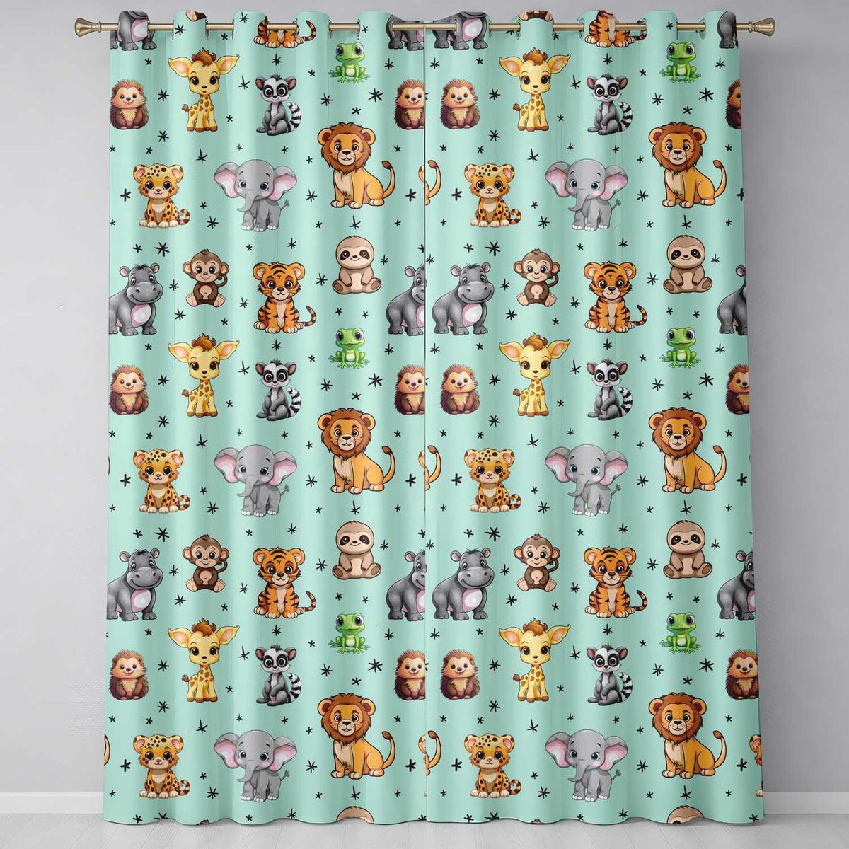 Cute Jungle Baby Animals Lion Tiger Elephant Giraffe  Pattern Mint Background  Readymade Eyelet Ring Top Thermal 100% Blackout Curtains