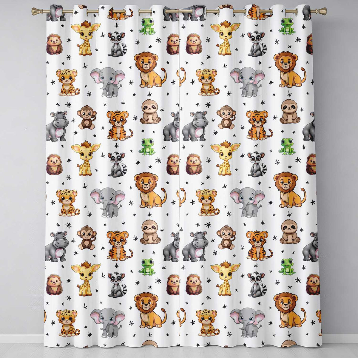 Cute Jungle Baby Animals Lion Tiger Elephant Giraffe  Pattern Grey Background  Readymade Eyelet Ring Top Thermal 100% Blackout Curtains