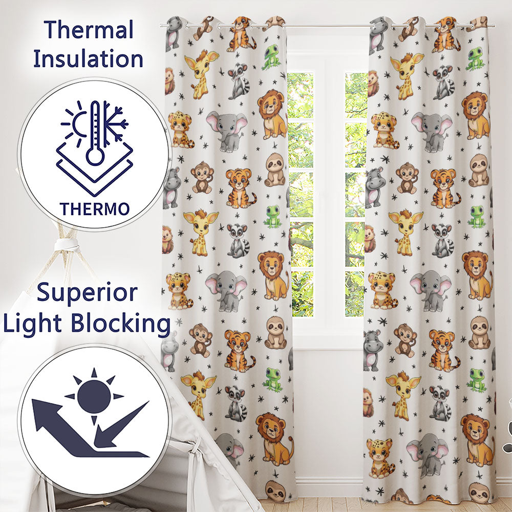 Cute Jungle Baby Animals Lion Tiger Elephant Giraffe  Pattern Grey Background  Readymade Eyelet Ring Top Thermal 100% Blackout Curtains