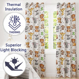 Cute Jungle Baby Animals Lion Tiger Elephant Giraffe  Pattern Grey Background  Readymade Eyelet Ring Top Thermal 100% Blackout Curtains