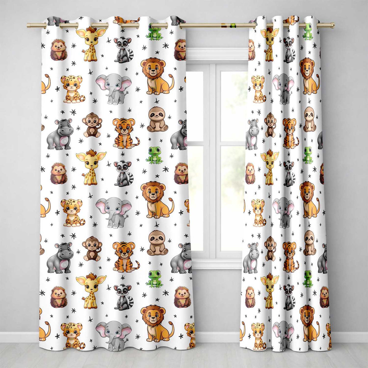 Cute Jungle Baby Animals Lion Tiger Elephant Giraffe  Pattern Grey Background  Readymade Eyelet Ring Top Thermal 100% Blackout Curtains