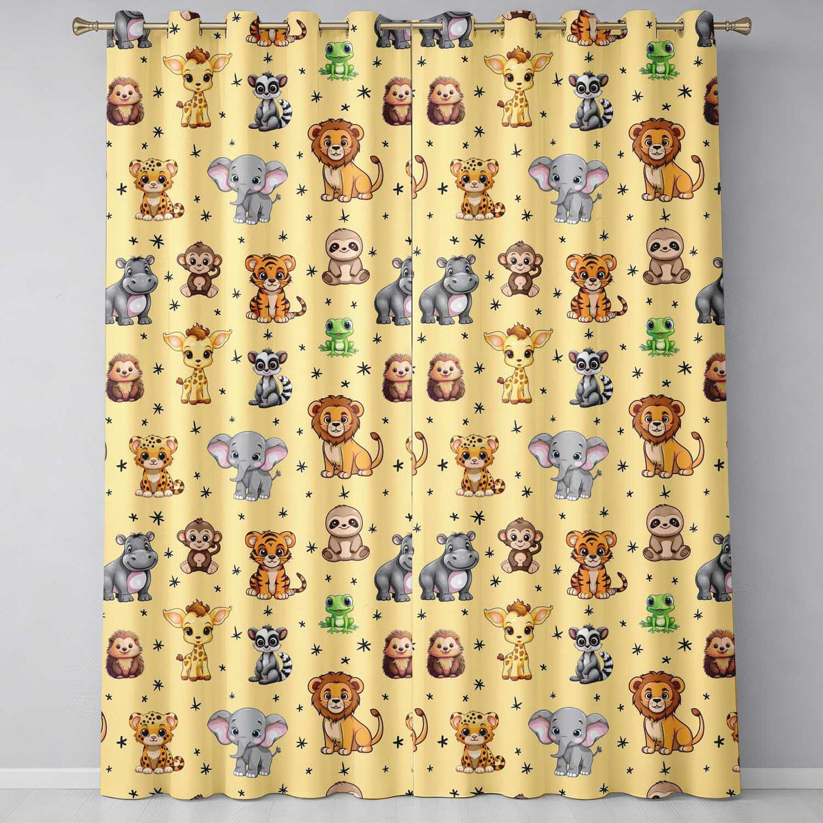 Cute Jungle Baby Animals Lion Tiger Elephant Giraffe  Pattern Beige Background  Readymade Eyelet Ring Top Thermal 100% Blackout Curtains