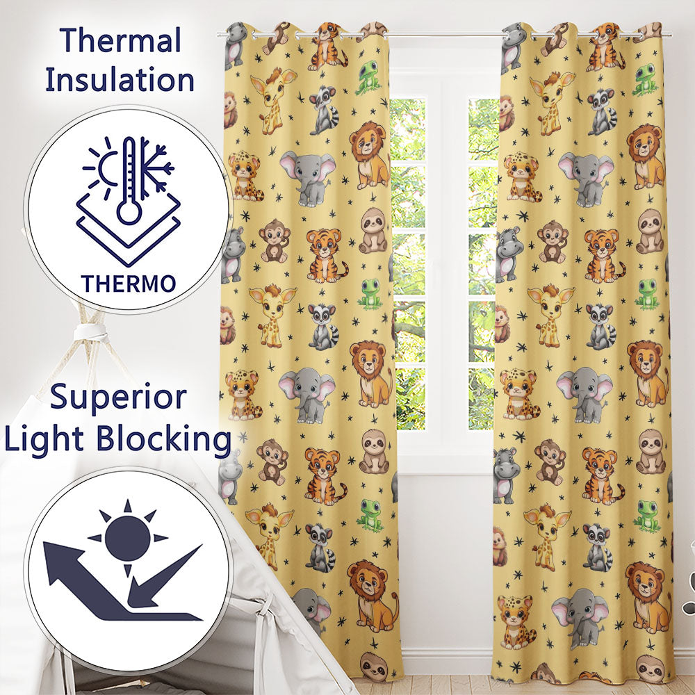 Cute Jungle Baby Animals Lion Tiger Elephant Giraffe  Pattern Beige Background  Readymade Eyelet Ring Top Thermal 100% Blackout Curtains