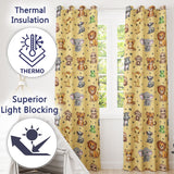 Cute Jungle Baby Animals Lion Tiger Elephant Giraffe  Pattern Beige Background  Readymade Eyelet Ring Top Thermal 100% Blackout Curtains