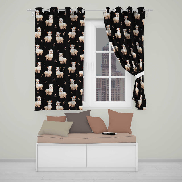 Cute Alpaca Llama Farm Animals Floral Seamless Pattern Black Background  Readymade Eyelet Ring Top Thermal 100% Blackout Curtains