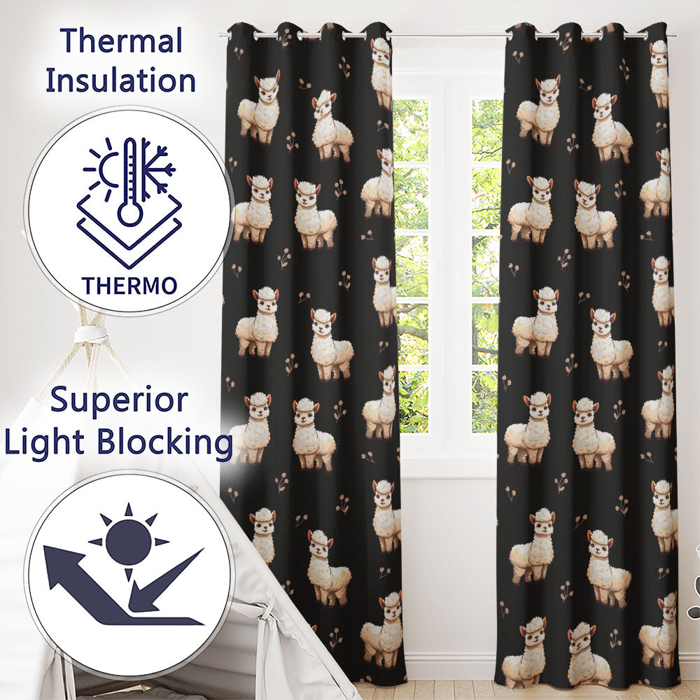 Cute Alpaca Llama Farm Animals Floral Seamless Pattern Black Background  Readymade Eyelet Ring Top Thermal 100% Blackout Curtains