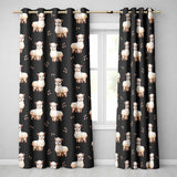 Cute Alpaca Llama Farm Animals Floral Seamless Pattern Black Background  Readymade Eyelet Ring Top Thermal 100% Blackout Curtains