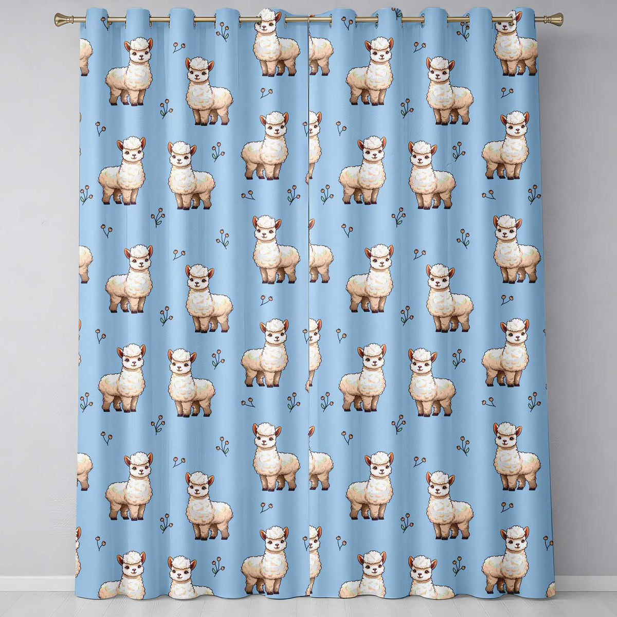 Cute Alpaca Llama Farm Animals Floral Seamless Pattern Sky Blue Background  Readymade Eyelet Ring Top Thermal 100% Blackout Curtains