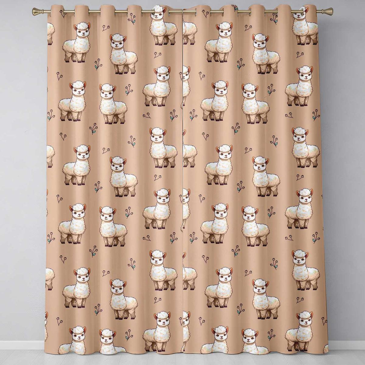 Cute Alpaca Llama Farm Animals Floral Seamless Pattern Peach Background  Readymade Eyelet Ring Top Thermal 100% Blackout Curtains