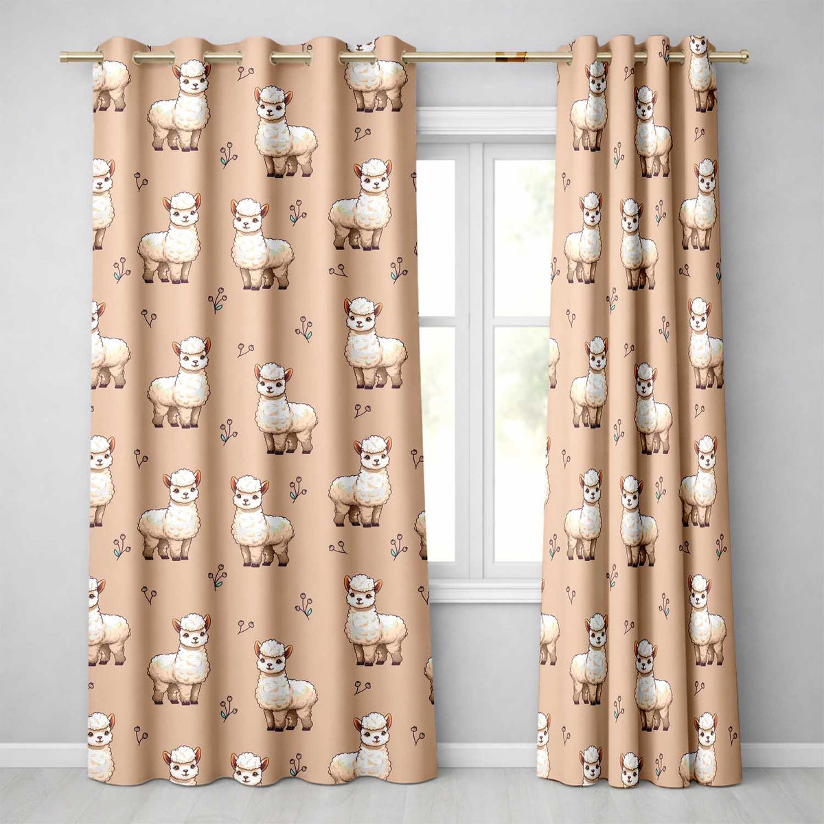 Cute Alpaca Llama Farm Animals Floral Seamless Pattern Peach Background  Readymade Eyelet Ring Top Thermal 100% Blackout Curtains