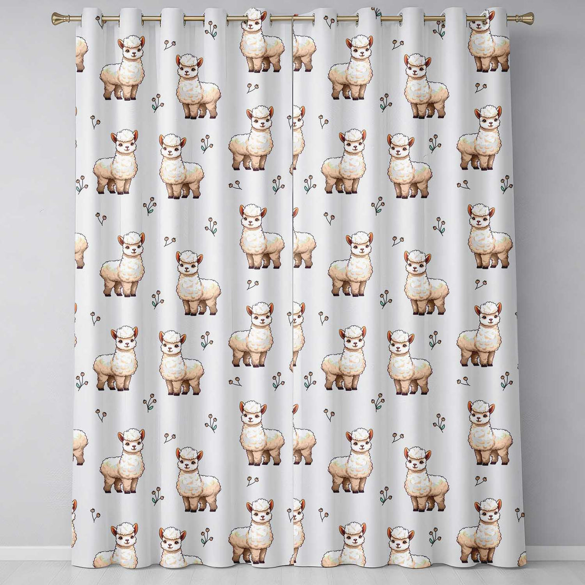 Cute Alpaca Llama Farm Animals Floral Seamless Pattern Cream Background  Readymade Eyelet Ring Top Thermal 100% Blackout Curtains