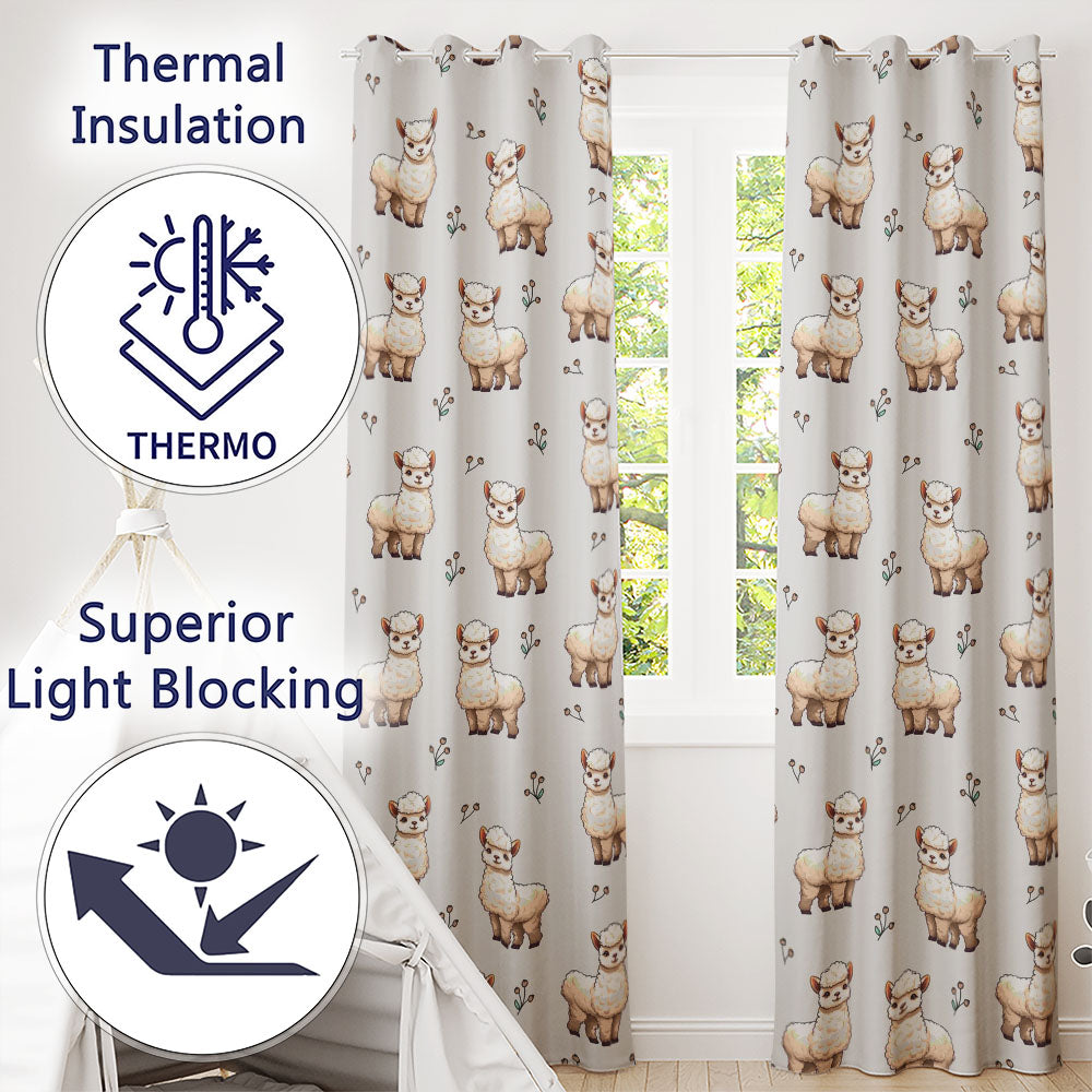 Cute Alpaca Llama Farm Animals Floral Seamless Pattern Cream Background  Readymade Eyelet Ring Top Thermal 100% Blackout Curtains