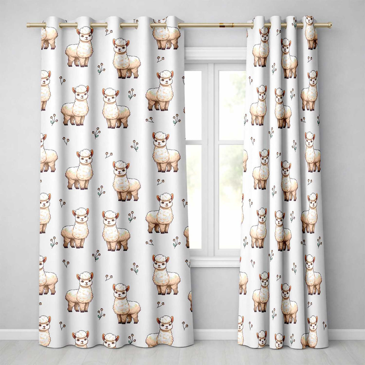 Cute Alpaca Llama Farm Animals Floral Seamless Pattern Cream Background  Readymade Eyelet Ring Top Thermal 100% Blackout Curtains