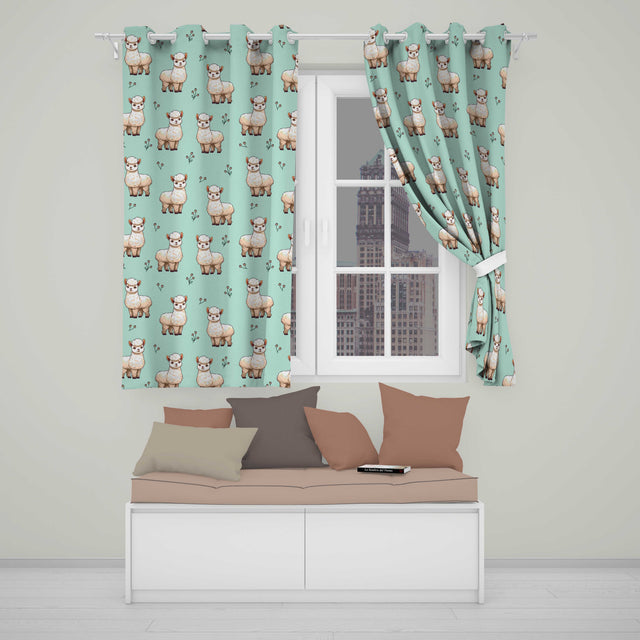 Cute Alpaca Llama Farm Animals Floral Seamless Pattern Mint Green Background  Readymade Eyelet Ring Top Thermal 100% Blackout Curtains