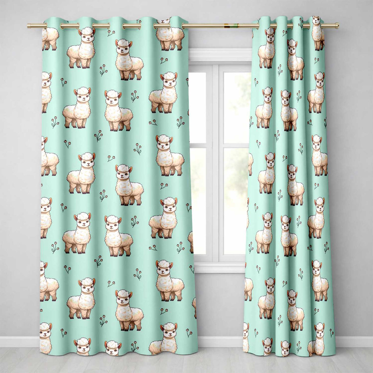Cute Alpaca Llama Farm Animals Floral Seamless Pattern Mint Green Background  Readymade Eyelet Ring Top Thermal 100% Blackout Curtains