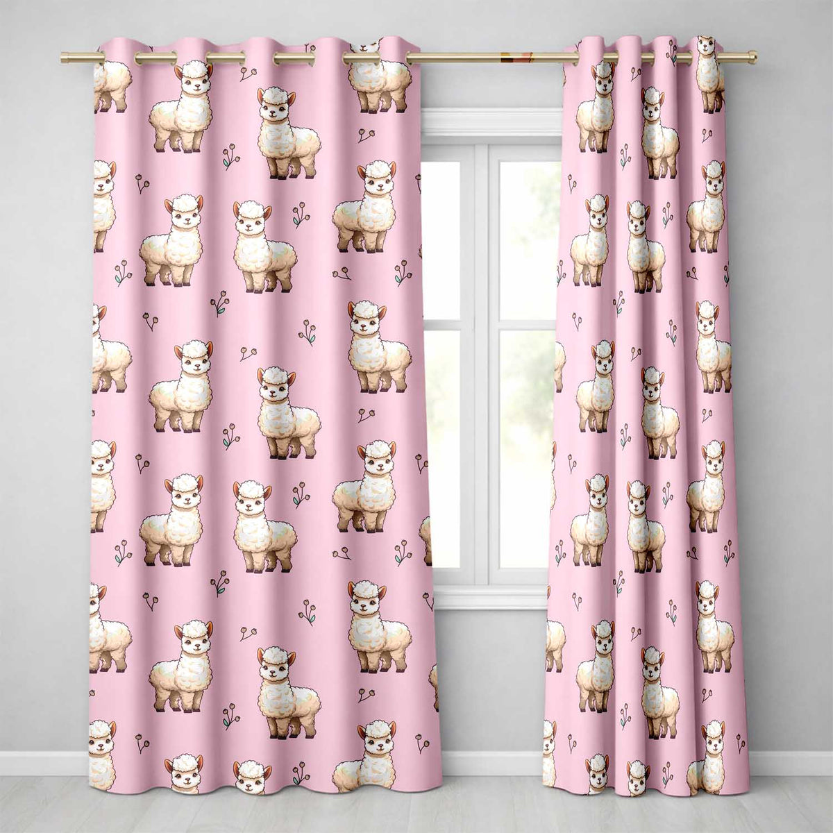 Cute Alpaca Llama Farm Animals Floral Seamless Pattern Soft Pink Background  Readymade Eyelet Ring Top Thermal 100% Blackout Curtains