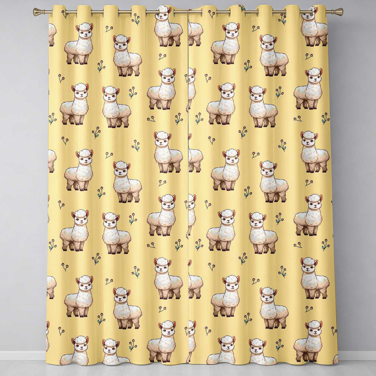 Cute Alpaca Llama Farm Animals Floral Seamless Pattern Warm Beige Background  Readymade Eyelet Ring Top Thermal 100% Blackout Curtains