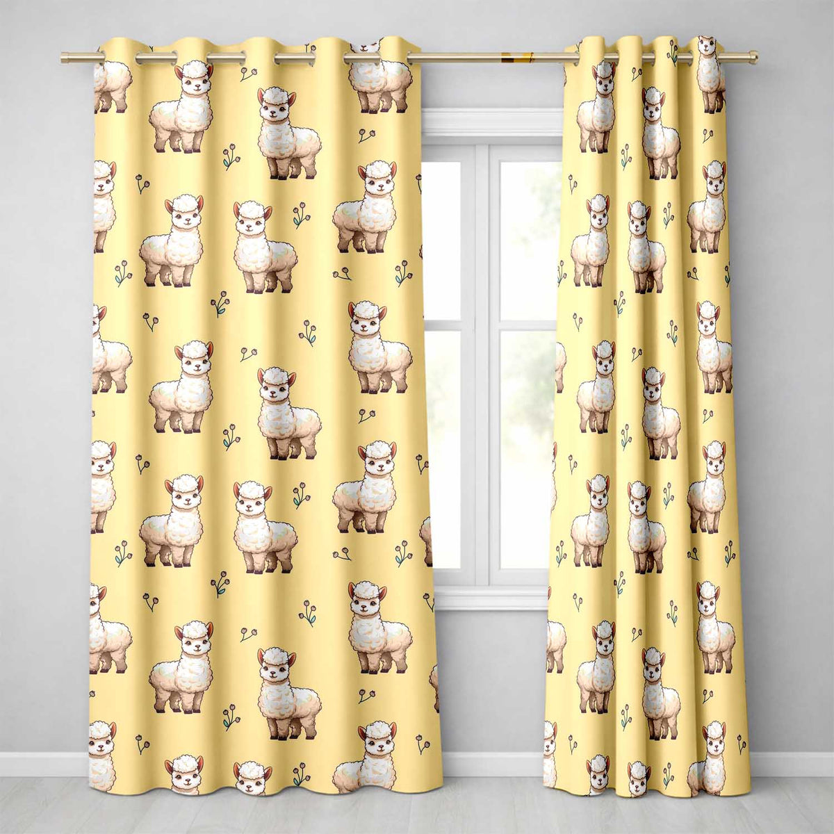 Cute Alpaca Llama Farm Animals Floral Seamless Pattern Warm Beige Background  Readymade Eyelet Ring Top Thermal 100% Blackout Curtains