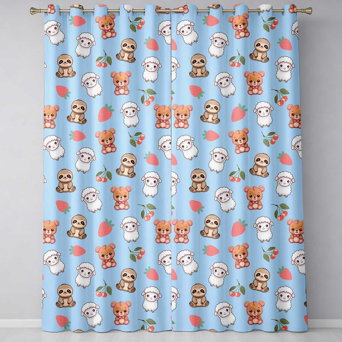 Cute Cute Baby Animals Bear Sheep Sloth Strawberry Cherry   Blue Background  Readymade Eyelet Ring Top Thermal 100% Blackout Curtains